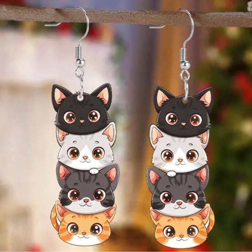 NEW| Charming Cat Theme Dangle Acrylic Earrings - Picture 2 of 6